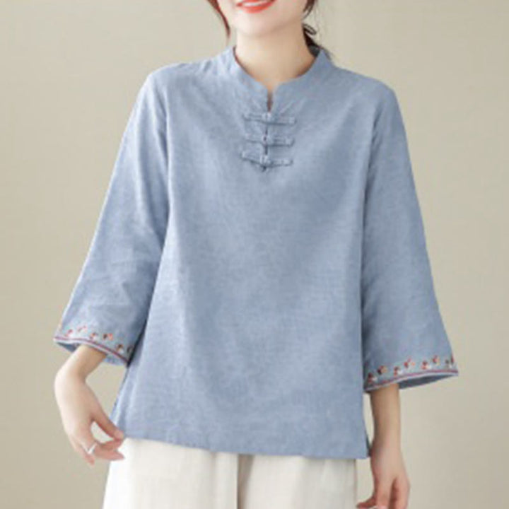 Buddha Stones Casual Jacquard Frog-Button Women's Crew Neck Design Three Quarter Sleeve Cotton Linen Shirt