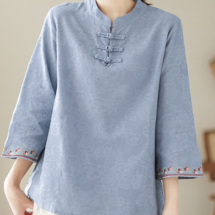 Buddha Stones Casual Jacquard Frog-Button Women's Crew Neck Design Three Quarter Sleeve Cotton Linen Shirt - image 19