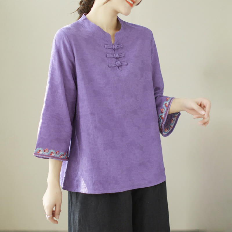 Buddha Stones Casual Jacquard Frog-Button Women's Crew Neck Design Three Quarter Sleeve Cotton Linen Shirt - BlueViolet - US8-10，UK/AU12-14，EU40-42 (2XL) - image 20