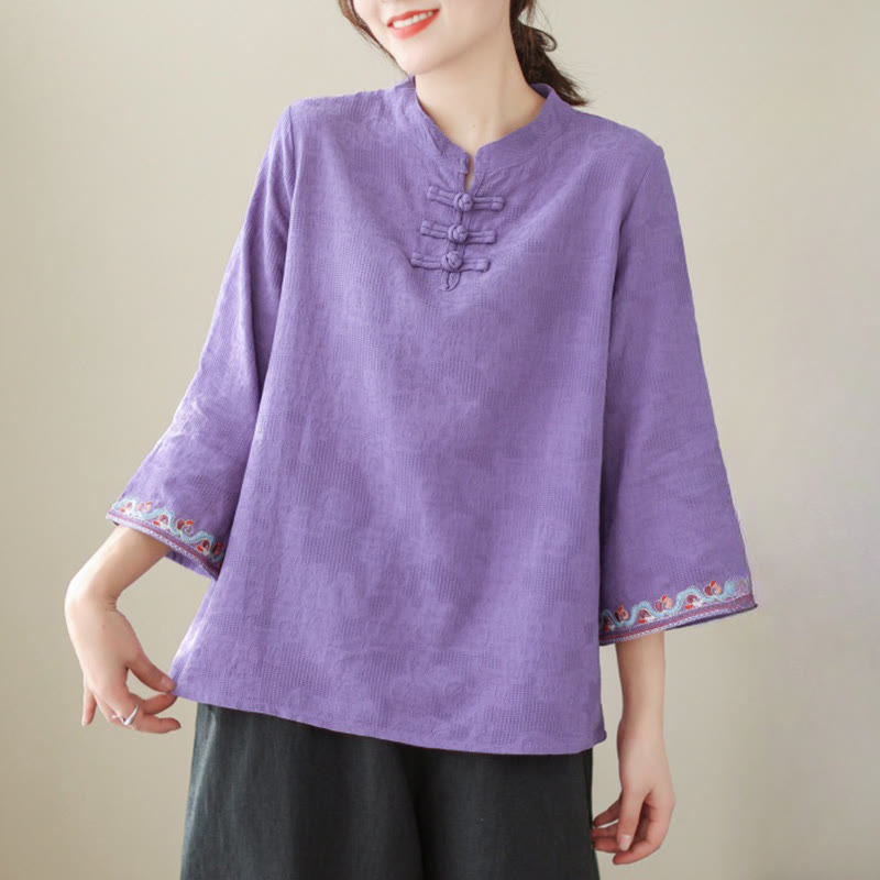 Buddha Stones Casual Jacquard Frog-Button Women's Crew Neck Design Three Quarter Sleeve Cotton Linen Shirt - image 23