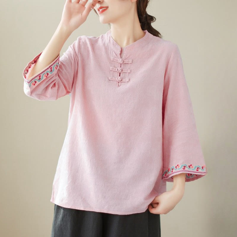 Buddha Stones Casual Jacquard Frog-Button Women's Crew Neck Design Three Quarter Sleeve Cotton Linen Shirt