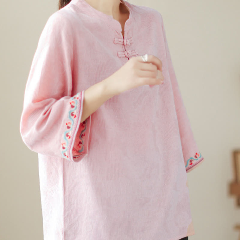Buddha Stones Casual Jacquard Frog-Button Women's Crew Neck Design Three Quarter Sleeve Cotton Linen Shirt - image 30