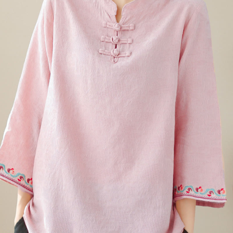 Buddha Stones Casual Jacquard Frog-Button Women's Crew Neck Design Three Quarter Sleeve Cotton Linen Shirt - image 31