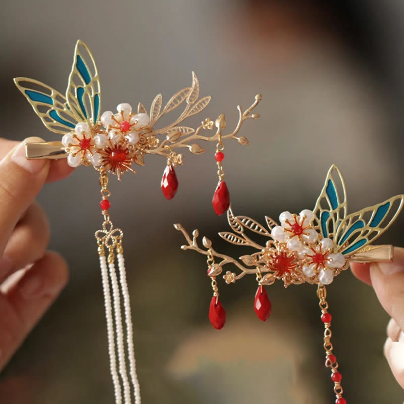 Buddha Stones Classical Chinese Style Flower Branche Butterfly Pearl Tassel Hair Clip Hairpin Hair Crown