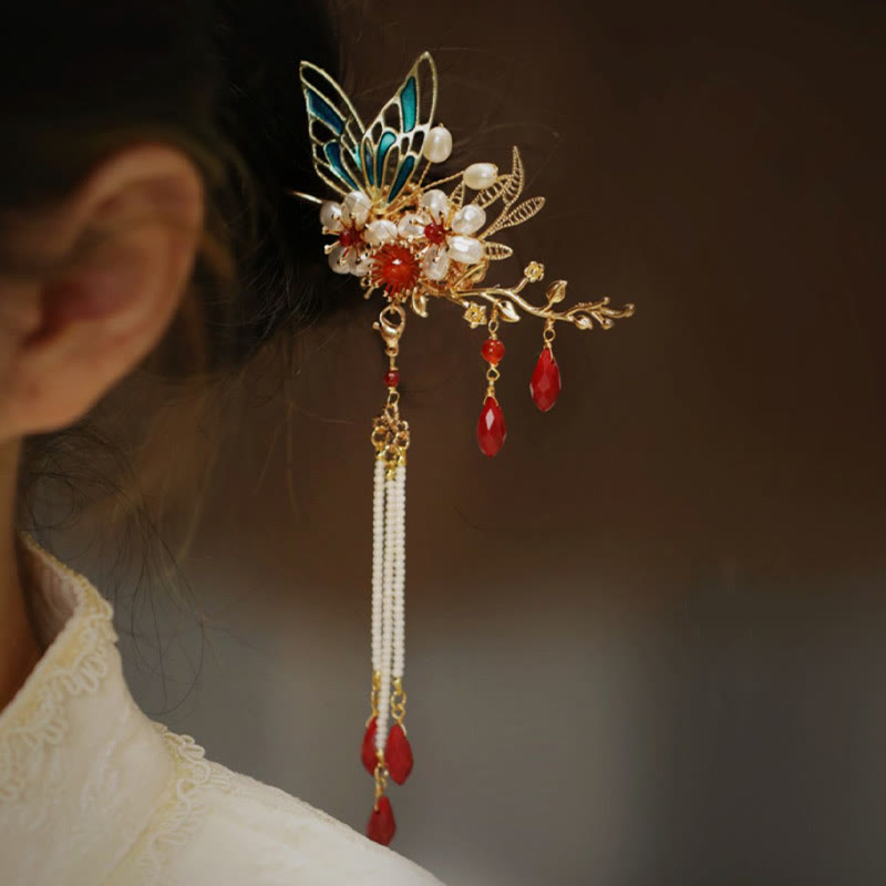 Buddha Stones Classical Chinese Style Flower Branche Butterfly Pearl Tassel Hair Clip Hairpin Hair Crown