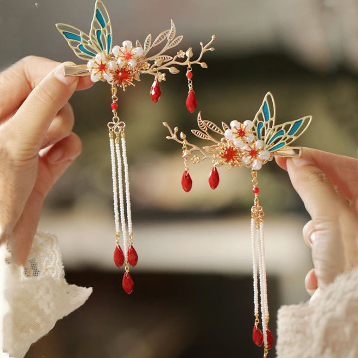 Buddha Stones Classical Chinese Style Flower Branche Butterfly Pearl Tassel Hair Clip Hairpin Hair Crown