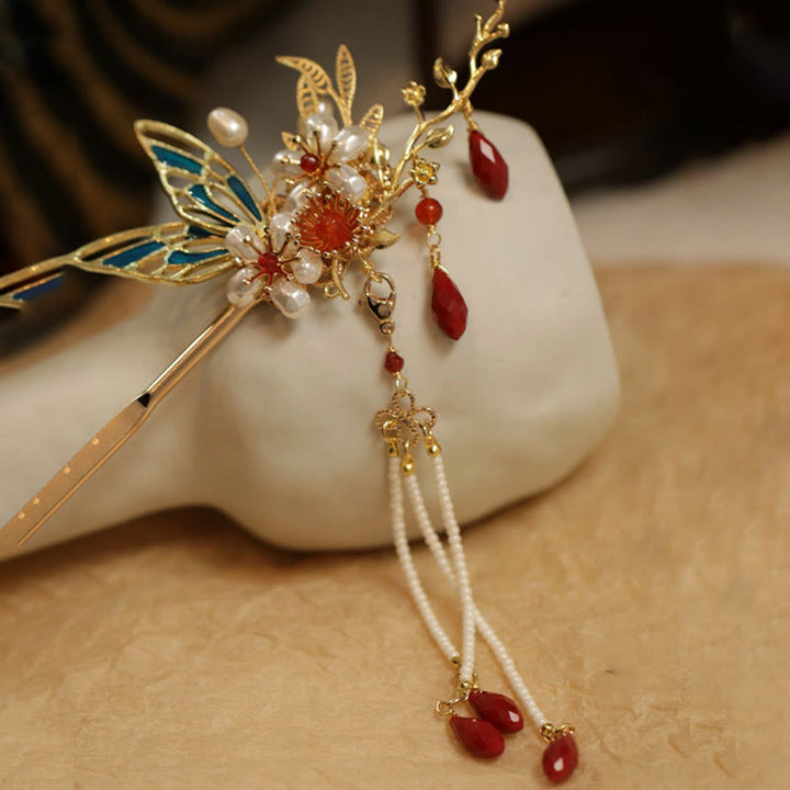 Buddha Stones Classical Chinese Style Flower Branche Butterfly Pearl Tassel Hair Clip Hairpin Hair Crown