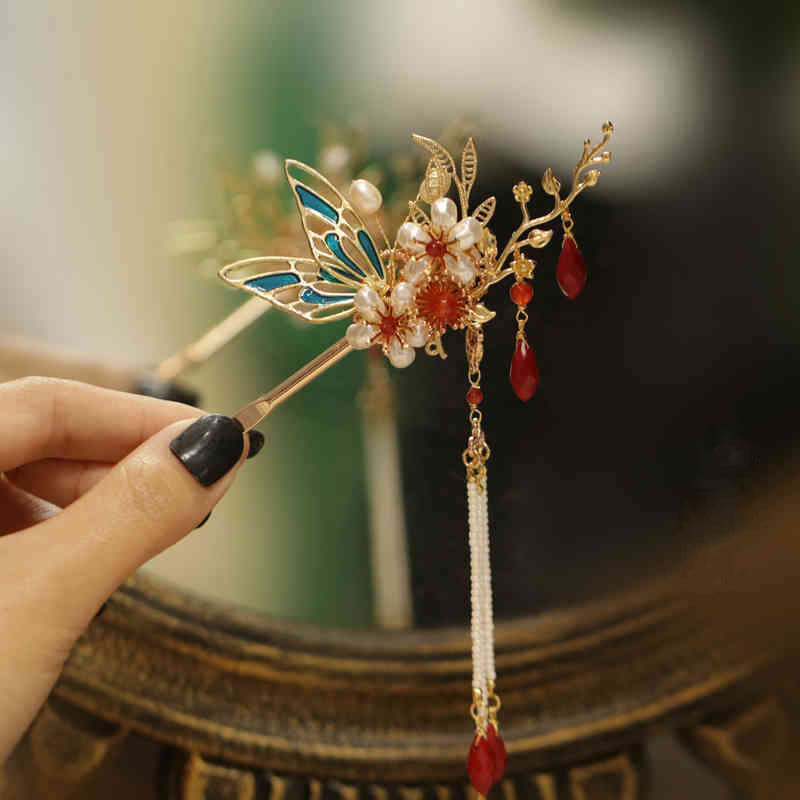 Buddha Stones Classical Chinese Style Flower Branche Butterfly Pearl Tassel Hair Clip Hairpin Hair Crown