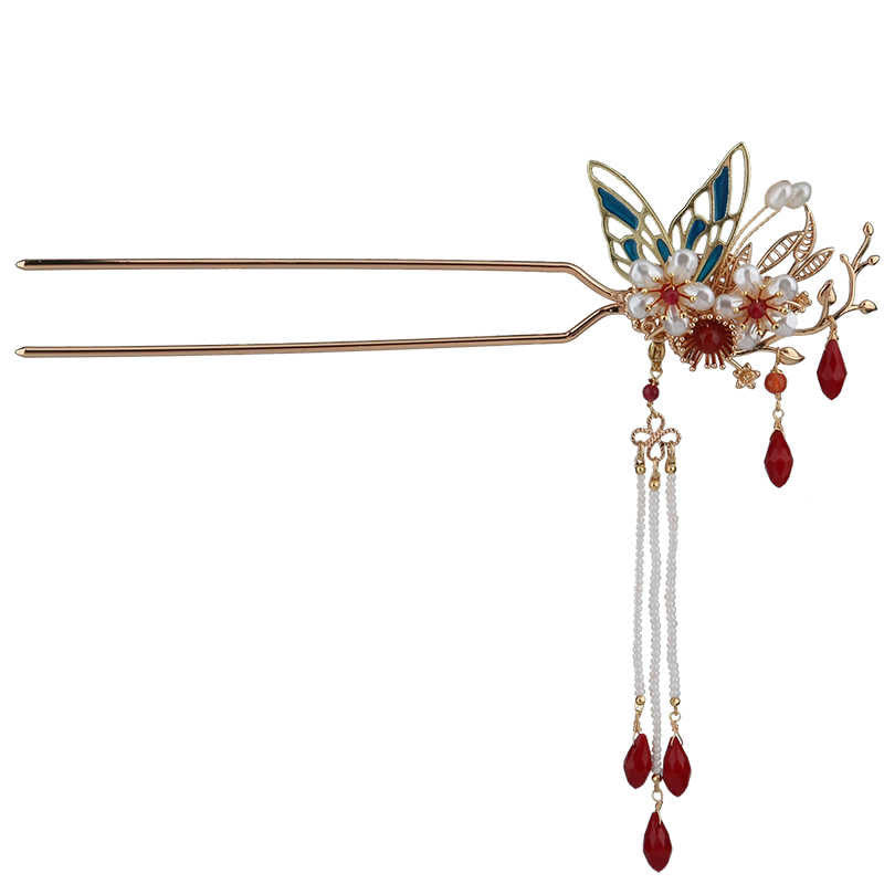 Buddha Stones Classical Chinese Style Flower Branche Butterfly Pearl Tassel Hair Clip Hairpin Hair Crown