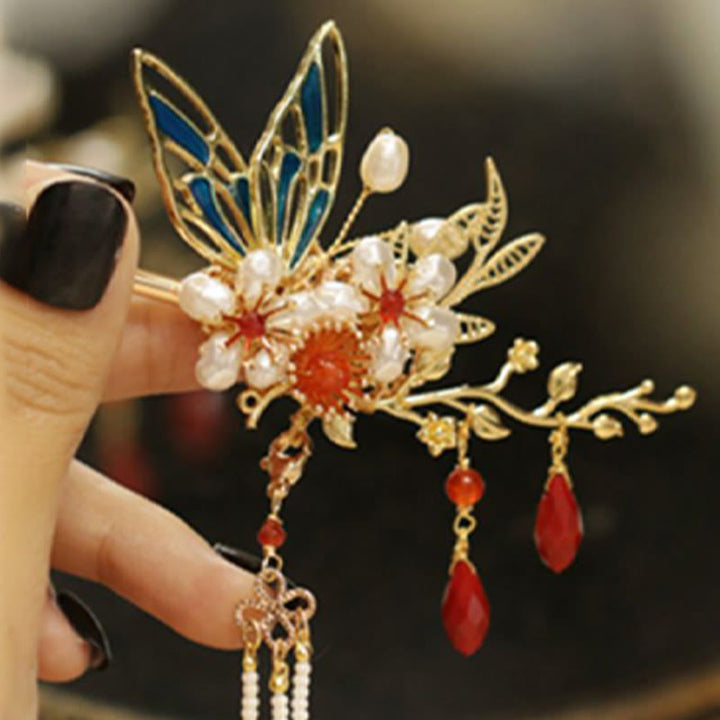 Buddha Stones Classical Chinese Style Flower Branche Butterfly Pearl Tassel Hair Clip Hairpin Hair Crown