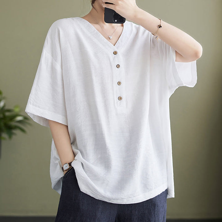 Buddha Stones Casual Plain Women's V-Neck Design Half Sleeve Viscose Shirt