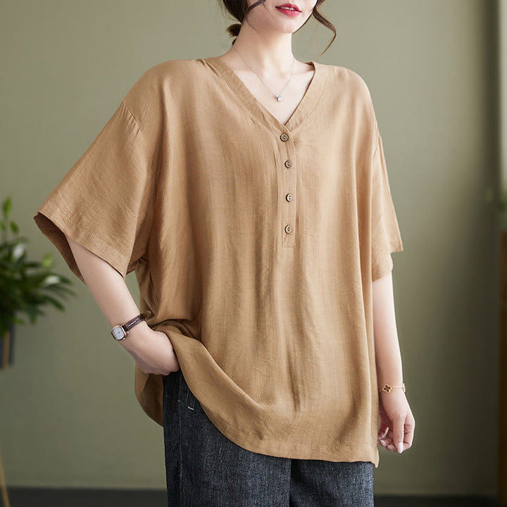 Buddha Stones Casual Plain Women's V-Neck Design Half Sleeve Viscose Shirt - BurlyWood - US14，UK/AU18，EU46 (3XL) - image 16