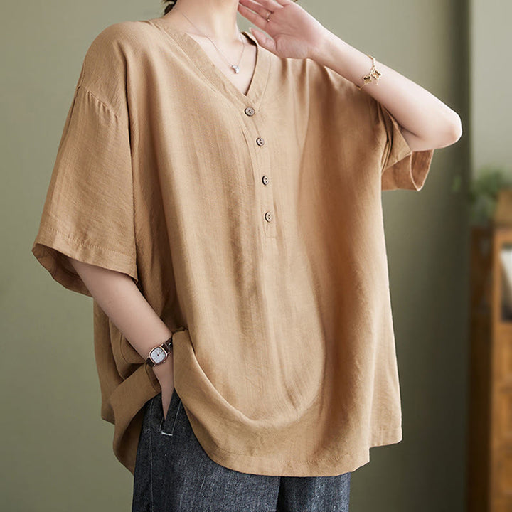 Buddha Stones Casual Plain Women's V-Neck Design Half Sleeve Viscose Shirt