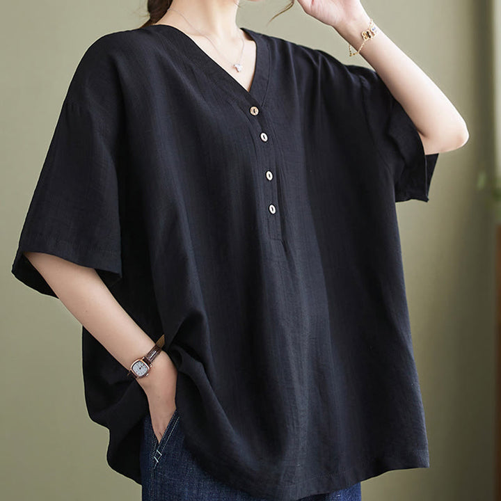 Buddha Stones Casual Plain Women's V-Neck Design Half Sleeve Viscose Shirt - Black - US14，UK/AU18，EU46 (3XL) - image 22