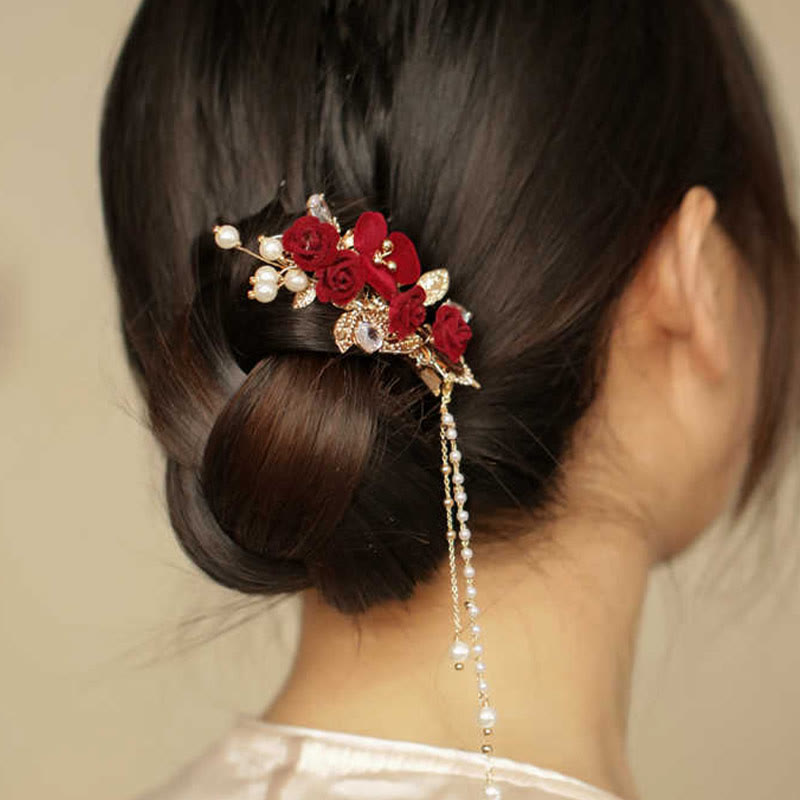 Buddha Stones Retro Chinese Style Red Camellia Flower Tassel Side Hair Clip