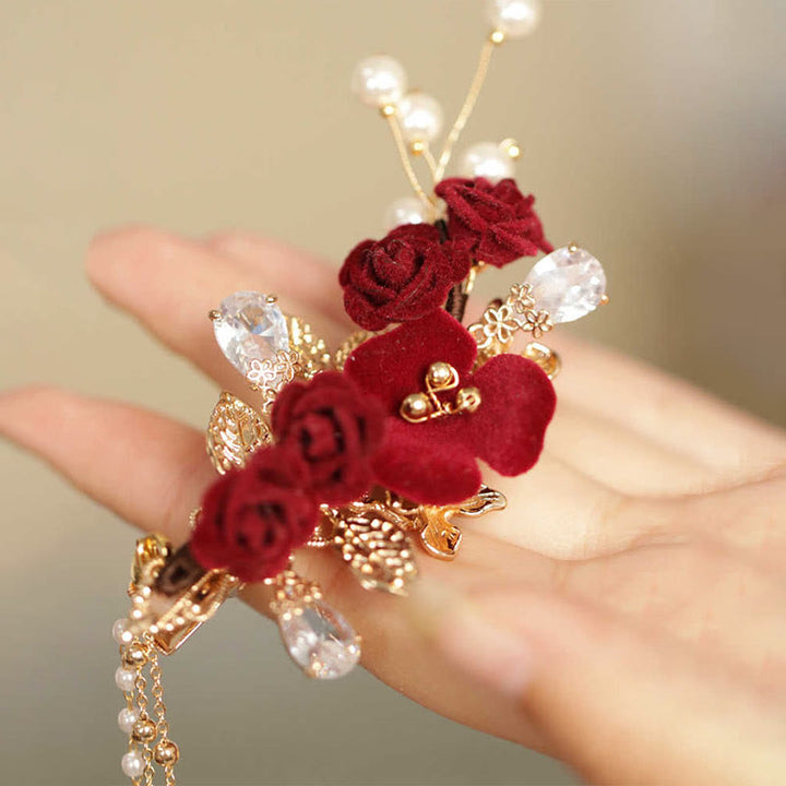 Buddha Stones Retro Chinese Style Red Camellia Flower Tassel Side Hair Clip