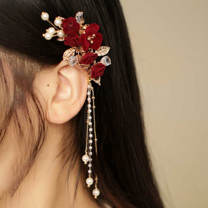 Buddha Stones Retro Chinese Style Red Camellia Flower Tassel Side Hair Clip