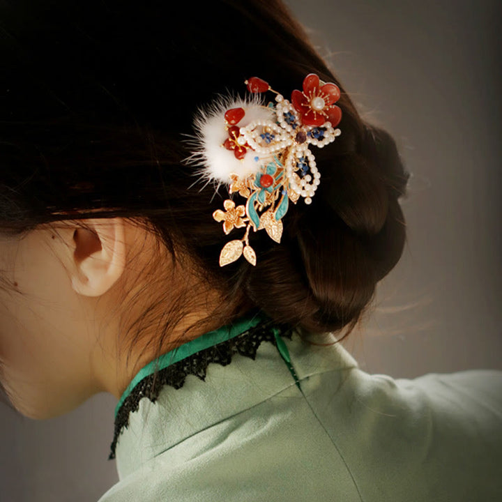 Buddha Stones Classical Chinese Style Red Flower Butterfly Pearl Hair Clip