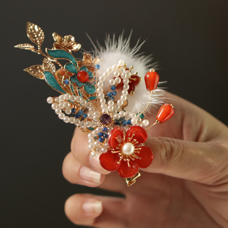 Buddha Stones Classical Chinese Style Red Flower Butterfly Pearl Hair Clip