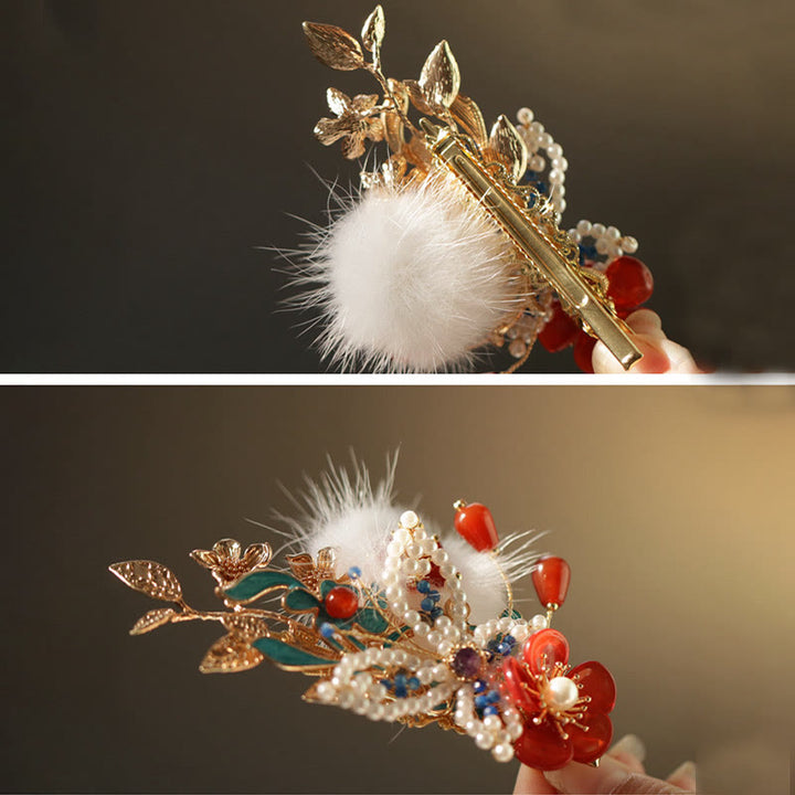 Buddha Stones Classical Chinese Style Red Flower Butterfly Pearl Hair Clip