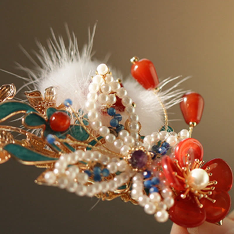 Buddha Stones Classical Chinese Style Red Flower Butterfly Pearl Hair Clip