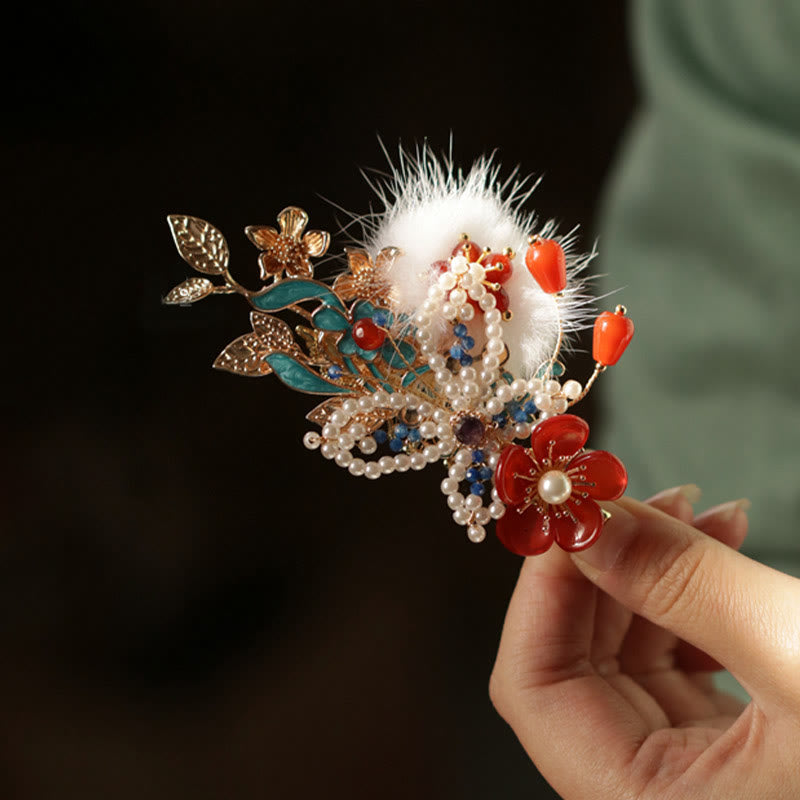 Buddha Stones Classical Chinese Style Red Flower Butterfly Pearl Hair Clip