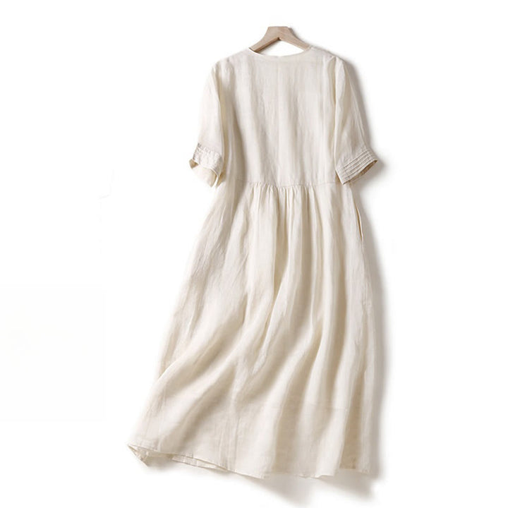 Buddha Stones Casual Accordion Pleat Plain V-neck Short Sleeve Linen Midi Dress With Pockets