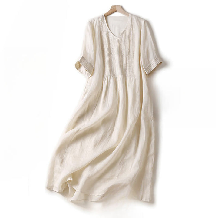 Buddha Stones Casual Accordion Pleat Plain V-neck Short Sleeve Linen Midi Dress With Pockets