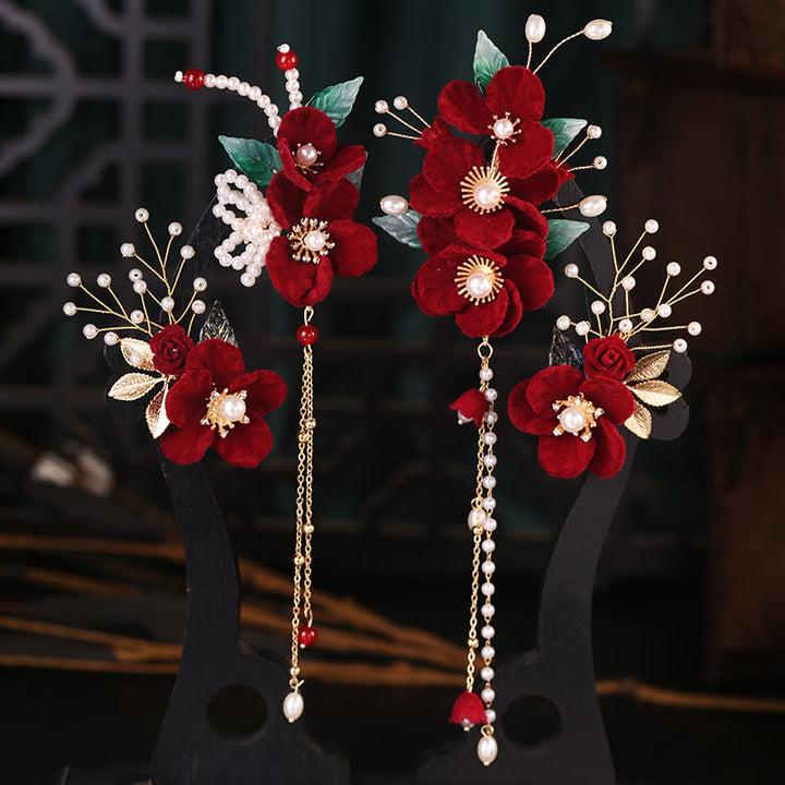 Buddha Stones Antiquity Red Flowers Pearl Tassel Hair Clip Set