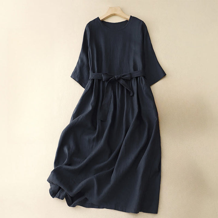 Buddha Stones Casual Plain Crew Neck Lace-up Half Sleeve Cotton Linen Midi Dress With Pockets - image 1