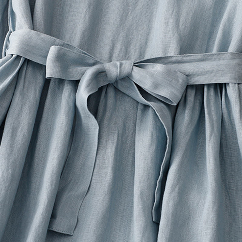 Buddha Stones Casual Plain Crew Neck Lace-up Half Sleeve Cotton Linen Midi Dress With Pockets - image 10