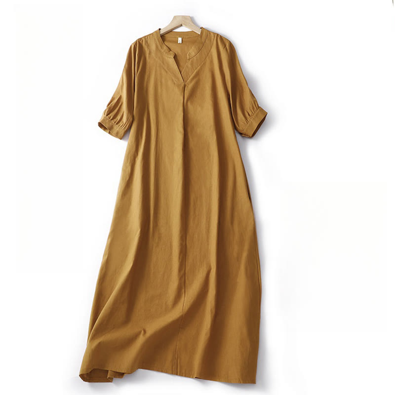 Buddha Stones Casual Plain V-neck Loose Half Sleeve Design Cotton Linen Midi Dress With Pockets