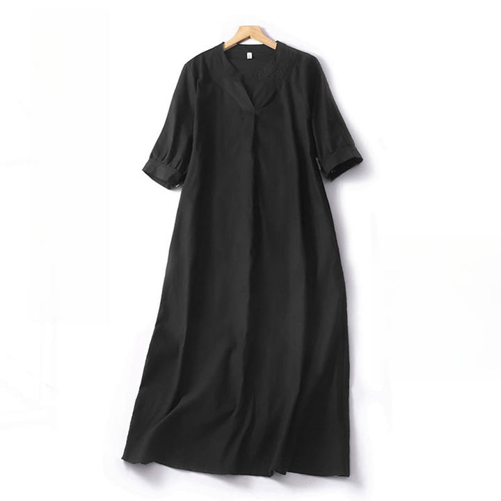 Buddha Stones Casual Plain V-neck Loose Half Sleeve Design Cotton Linen Midi Dress With Pockets