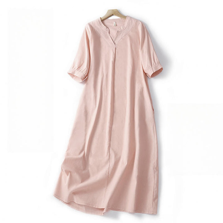 Buddha Stones Casual Plain V-neck Loose Half Sleeve Design Cotton Linen Midi Dress With Pockets