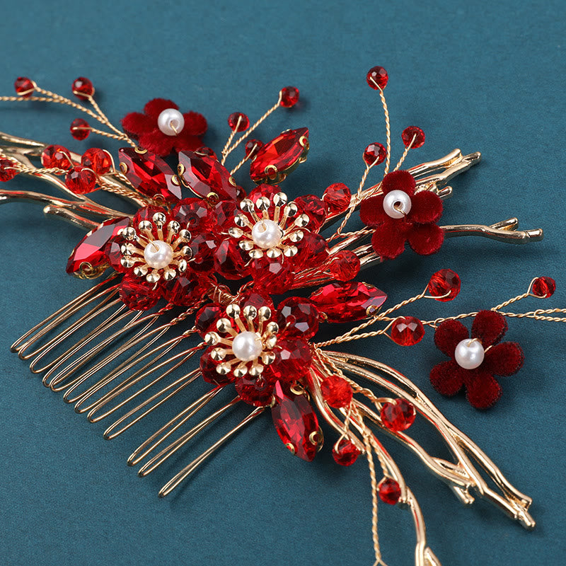 Buddha Stones Chinese Wedding Golden Red Flower Branche Hair Comb