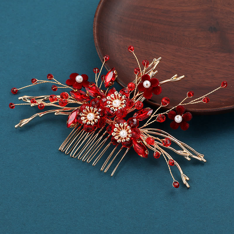 Buddha Stones Chinese Wedding Golden Red Flower Branche Hair Comb