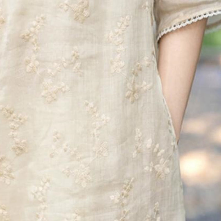 Buddha Stones Casual Embroidered Slant Collar Stand Collar Half Sleeve Design Ramie Midi Dress With Pockets - image 7