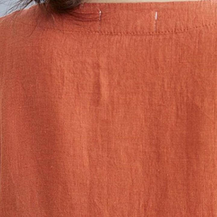 Buddha Stones Casual Loose Solid Color Cotton Linen Crew Neck Half Sleeve Design Midi Dress With Pockets - image 19