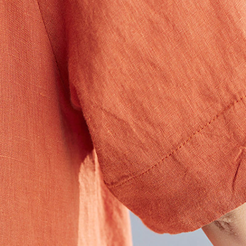 Buddha Stones Casual Loose Solid Color Cotton Linen Crew Neck Half Sleeve Design Midi Dress With Pockets - image 21