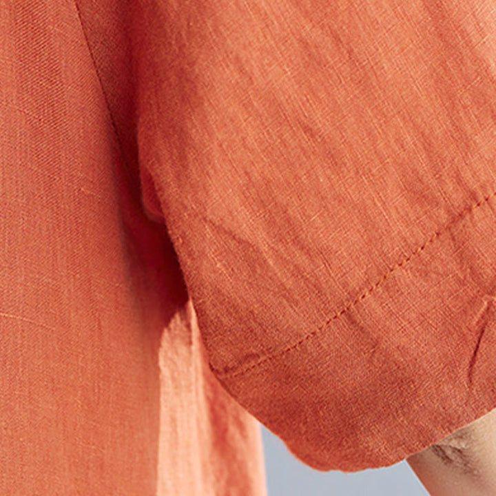 Buddha Stones Casual Loose Solid Color Cotton Linen Crew Neck Half Sleeve Design Midi Dress With Pockets - image 21