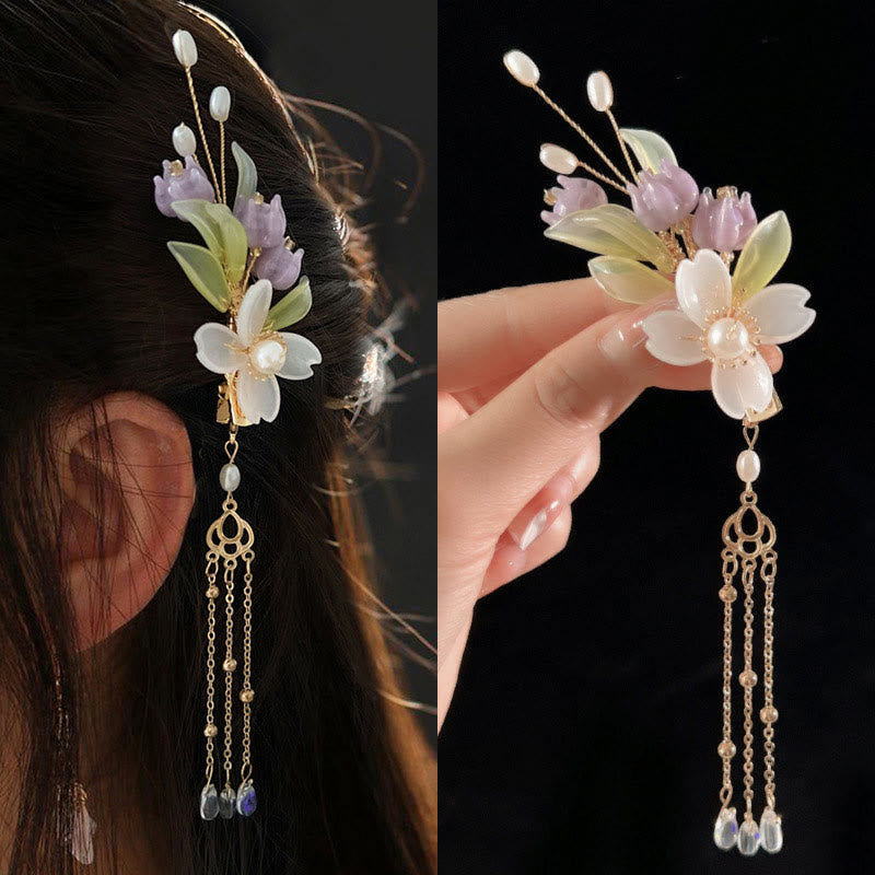 Buddha Stones Chinese Ancient Style Flower Pearl Rabbit Tassel Hair Clip