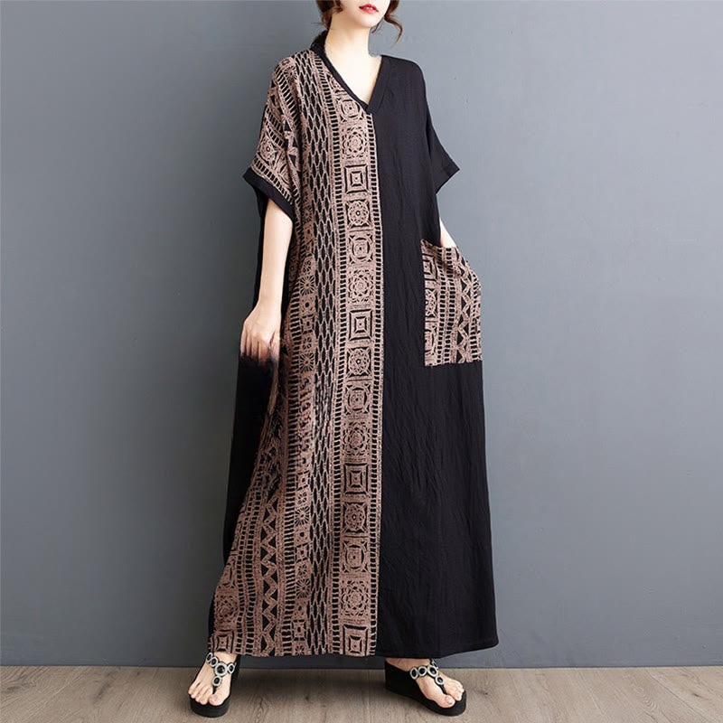 Buddha Stones Casual Loose Printing Dyeing Cotton Linen V-neck Half Sleeve Design Midi Dress With Pockets