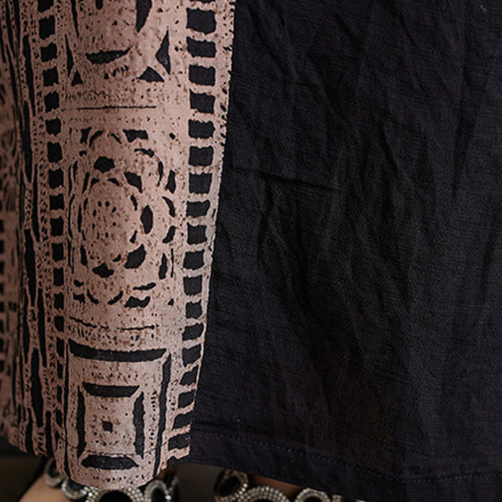 Buddha Stones Casual Loose Printing Dyeing Cotton Linen V-neck Half Sleeve Design Midi Dress With Pockets - image 10