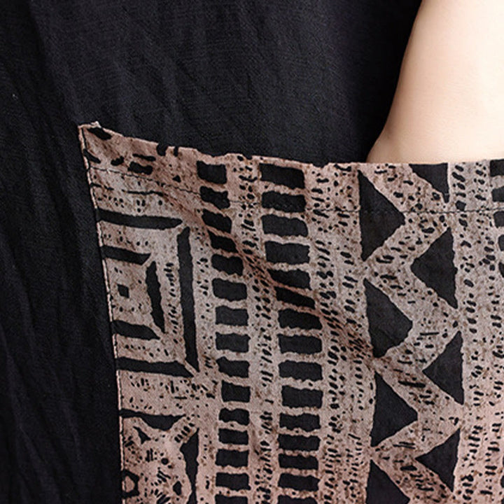 Buddha Stones Casual Loose Printing Dyeing Cotton Linen V-neck Half Sleeve Design Midi Dress With Pockets - image 8