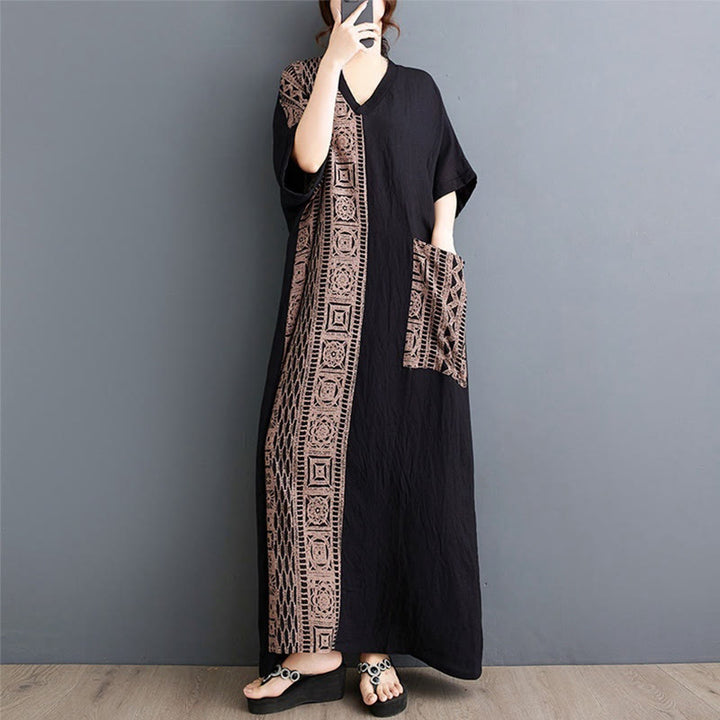 Buddha Stones Casual Loose Printing Dyeing Cotton Linen V-neck Half Sleeve Design Midi Dress With Pockets - image 3