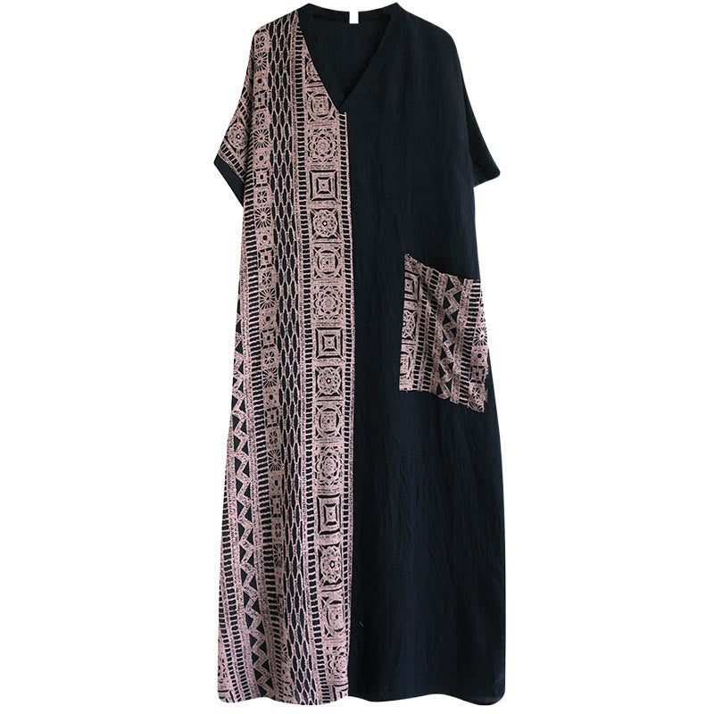 Buddha Stones Casual Loose Printing Dyeing Cotton Linen V-neck Half Sleeve Design Midi Dress With Pockets