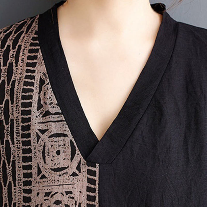 Buddha Stones Casual Loose Printing Dyeing Cotton Linen V-neck Half Sleeve Design Midi Dress With Pockets - image 7