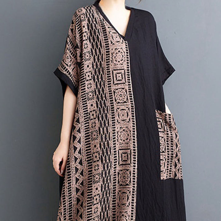 Buddha Stones Casual Loose Printing Dyeing Cotton Linen V-neck Half Sleeve Design Midi Dress With Pockets