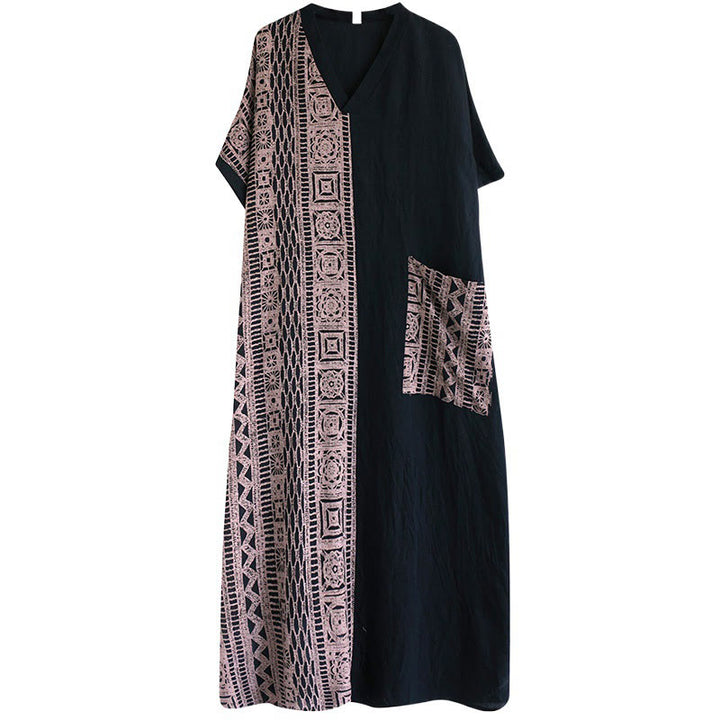 Buddha Stones Casual Loose Printing Dyeing Cotton Linen V-neck Half Sleeve Design Midi Dress With Pockets - image 6