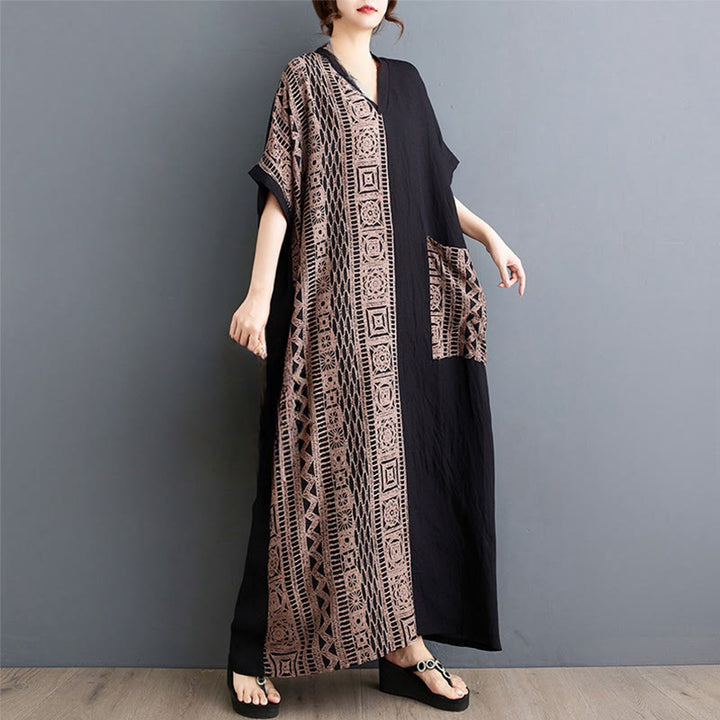 Buddha Stones Casual Loose Printing Dyeing Cotton Linen V-neck Half Sleeve Design Midi Dress With Pockets